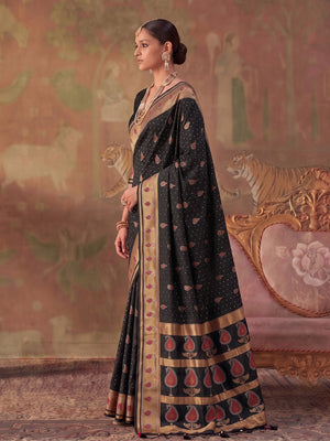 Peachmode Black Soft Silk Woven Saree - Image 2
