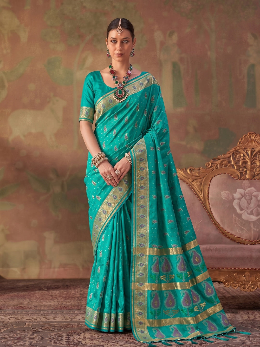 Peachmode Sea Green Soft Silk Woven Saree - Image 1