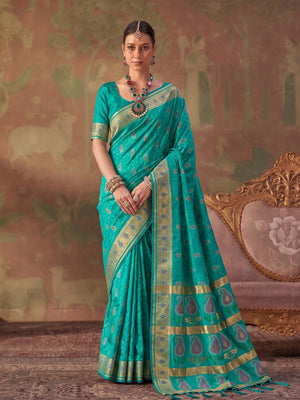 Peachmode Sea Green Soft Silk Woven Saree - Image 1