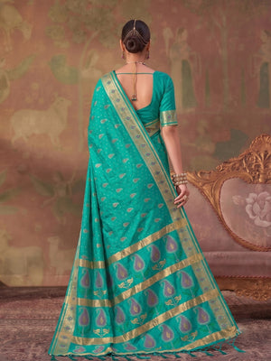 Peachmode Sea Green Soft Silk Woven Saree - Image 2