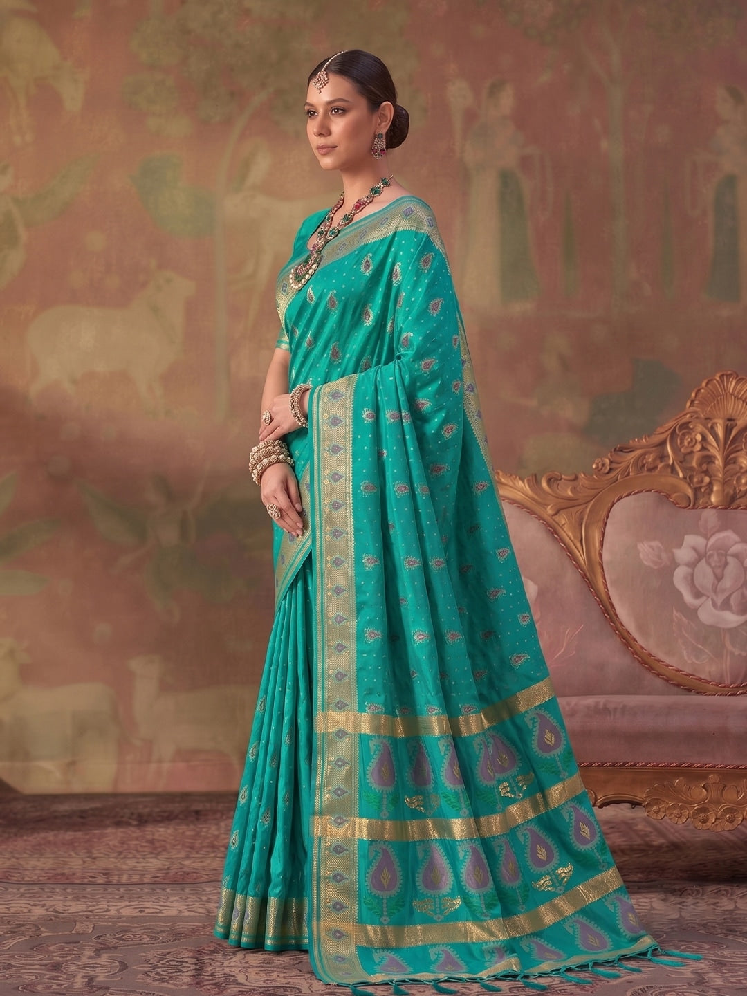 Peachmode Sea Green Soft Silk Woven Saree - Image 3