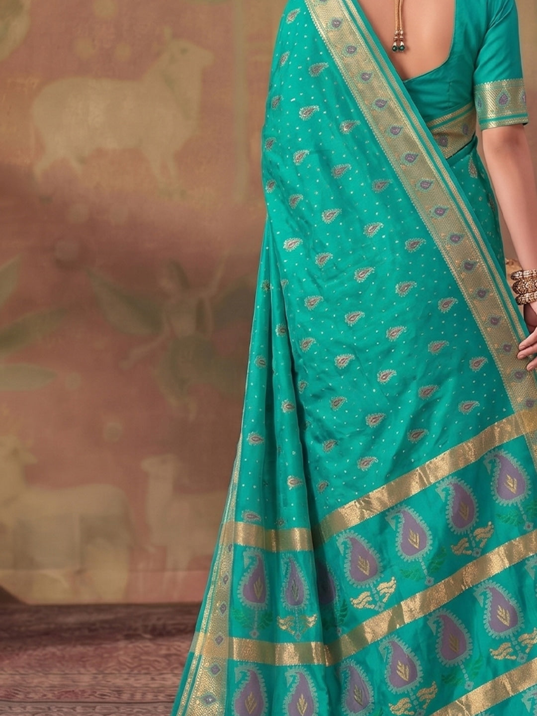 Peachmode Sea Green Soft Silk Woven Saree - Image 4