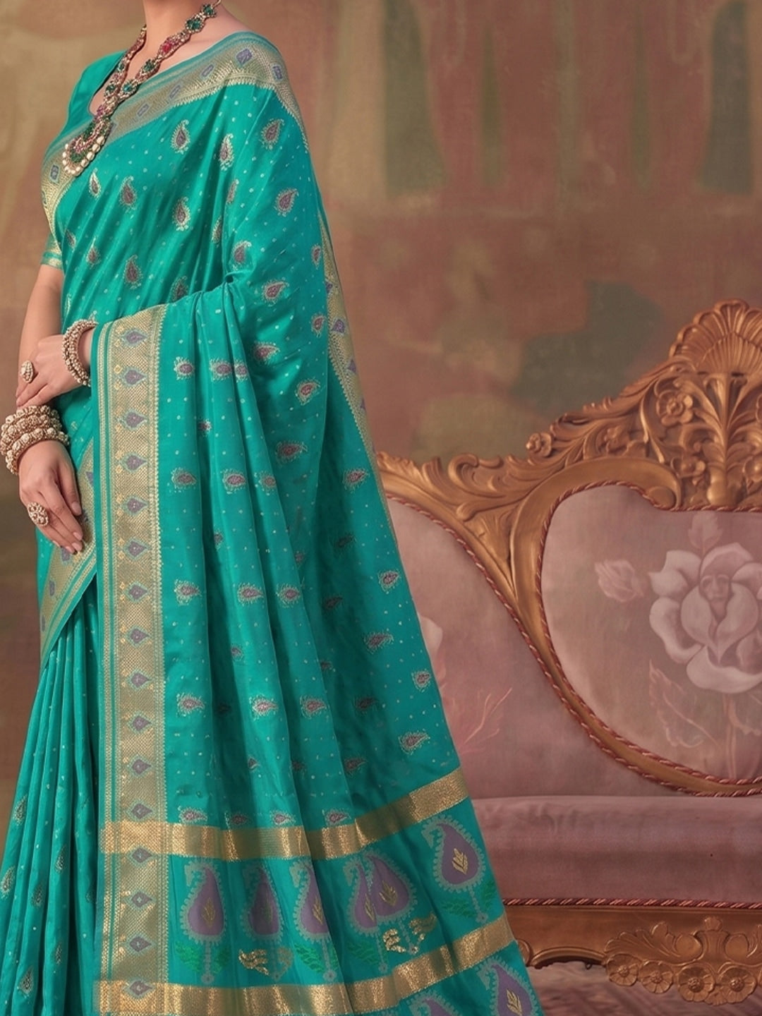 Peachmode Sea Green Soft Silk Woven Saree - Image 5