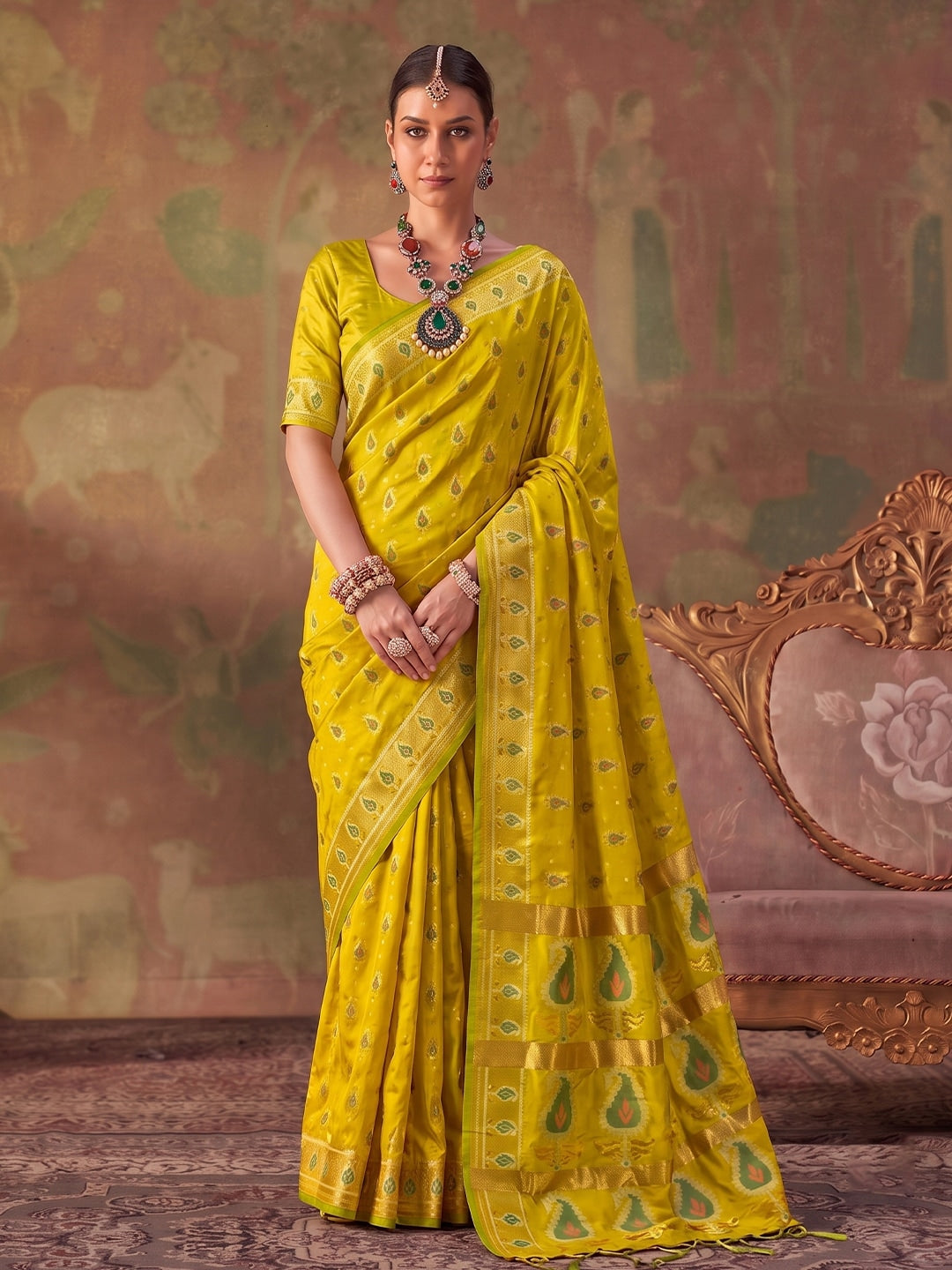 Peachmode Mustrd Yellow Soft Silk Woven Saree - Image 1