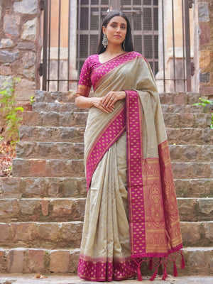 Peachmode Chiku Cotton Woven Saree - Image 1