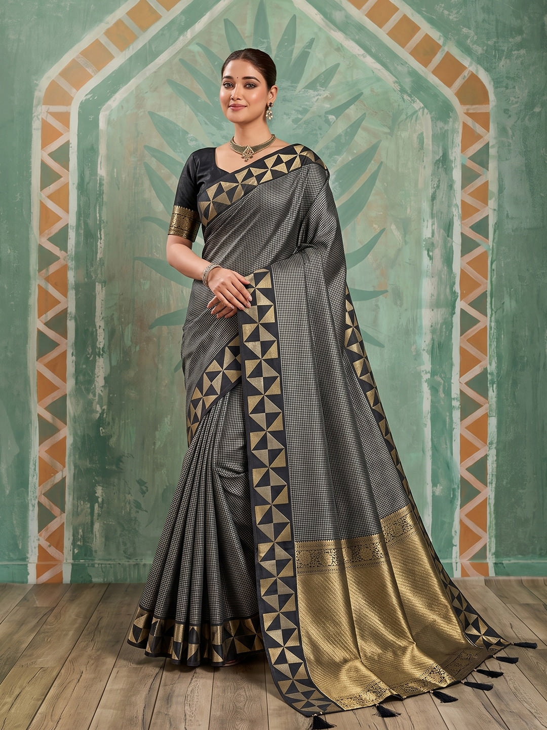 Peachmode Black Art Silk Woven Saree - Image 1