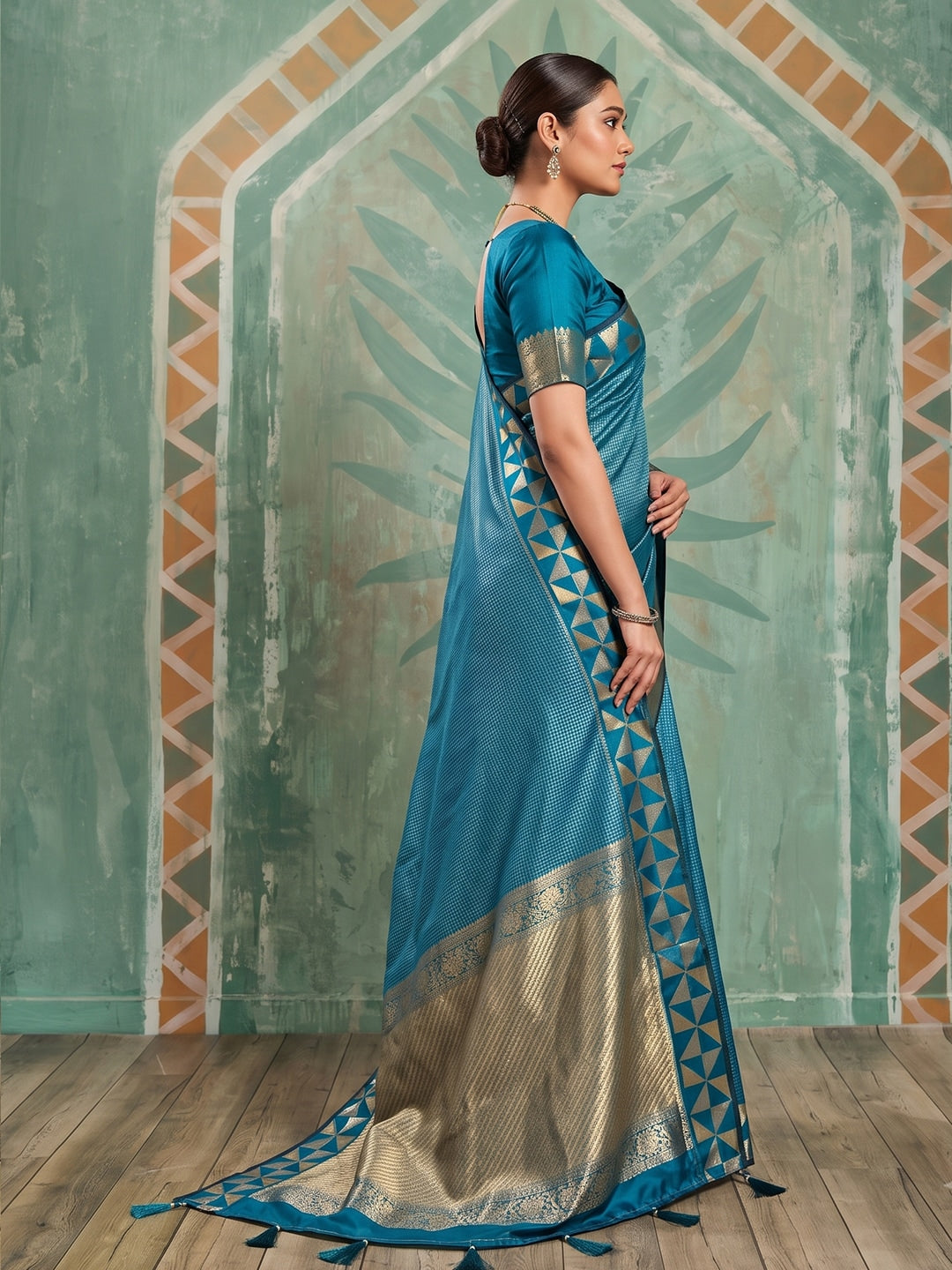 Peachmode Teal Art Silk Woven Saree - Image 2