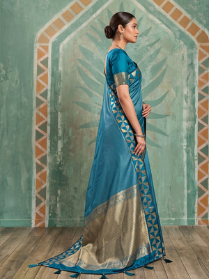 Peachmode Teal Art Silk Woven Saree - Image 2
