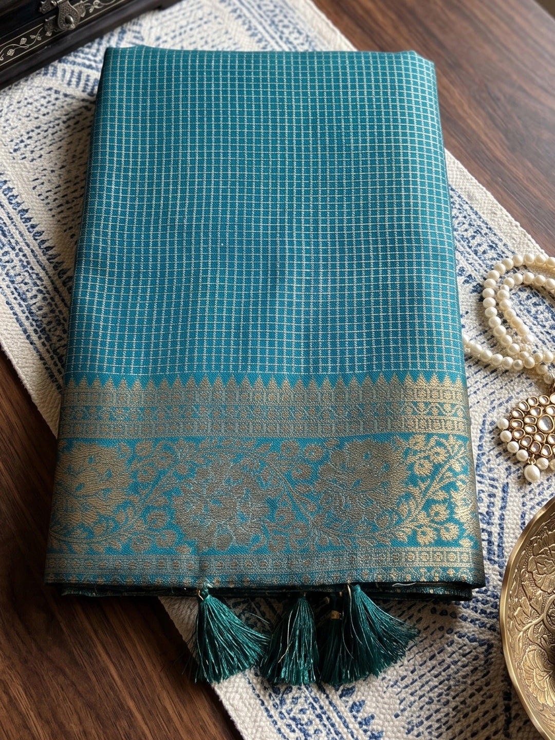 Peachmode Teal Art Silk Woven Saree - Image 4