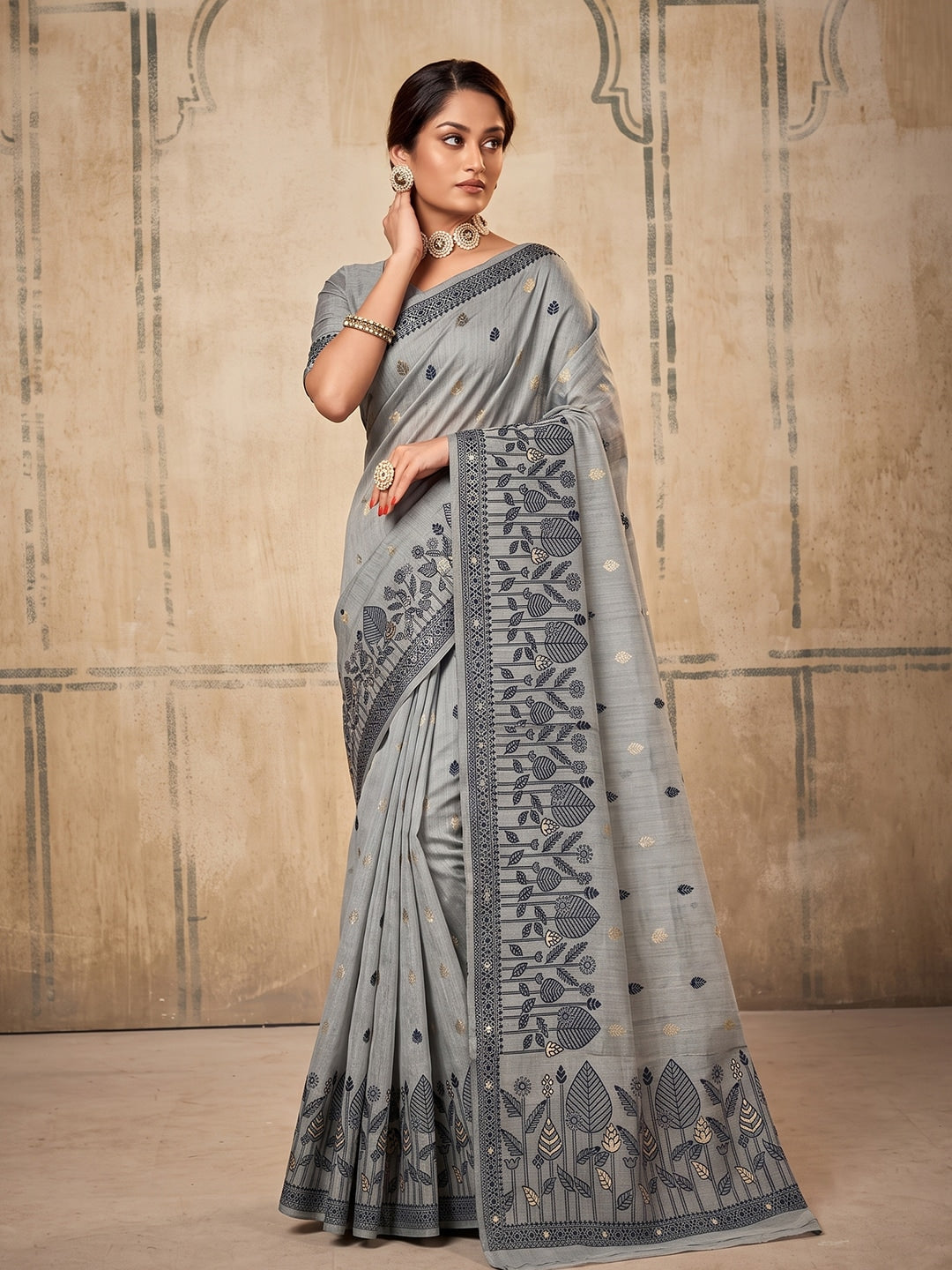 Peachmode Gray Cotton Woven Saree - Image 1