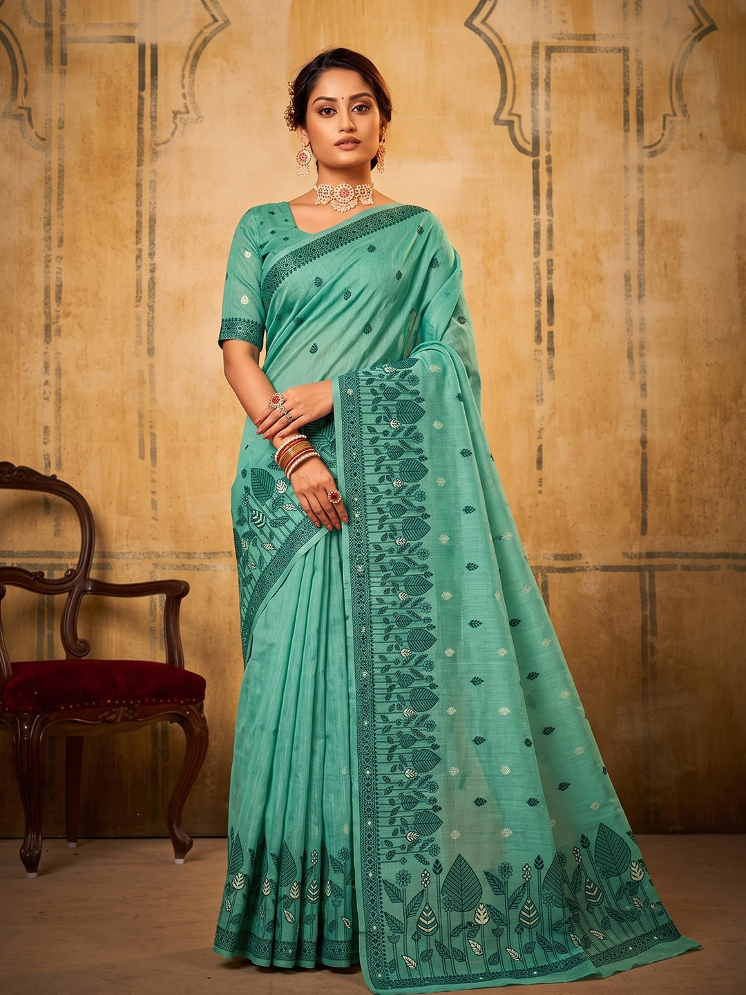 Peachmode Sea Green Cotton Woven Saree - Image 1