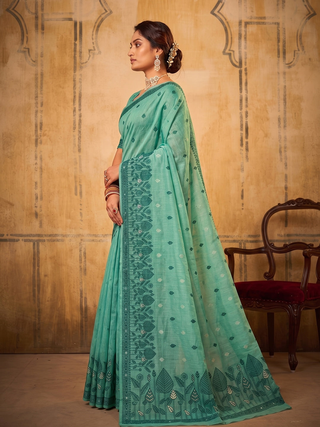 Peachmode Sea Green Cotton Woven Saree - Image 2