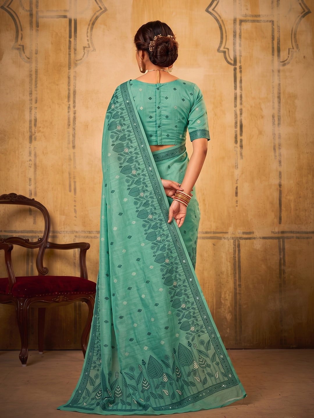 Peachmode Sea Green Cotton Woven Saree - Image 3