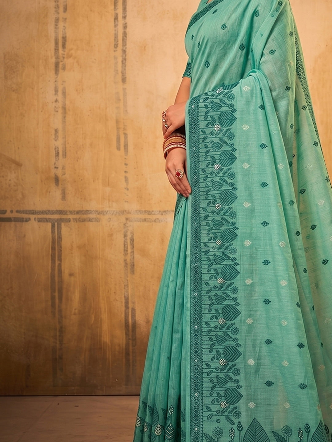 Peachmode Sea Green Cotton Woven Saree - Image 4