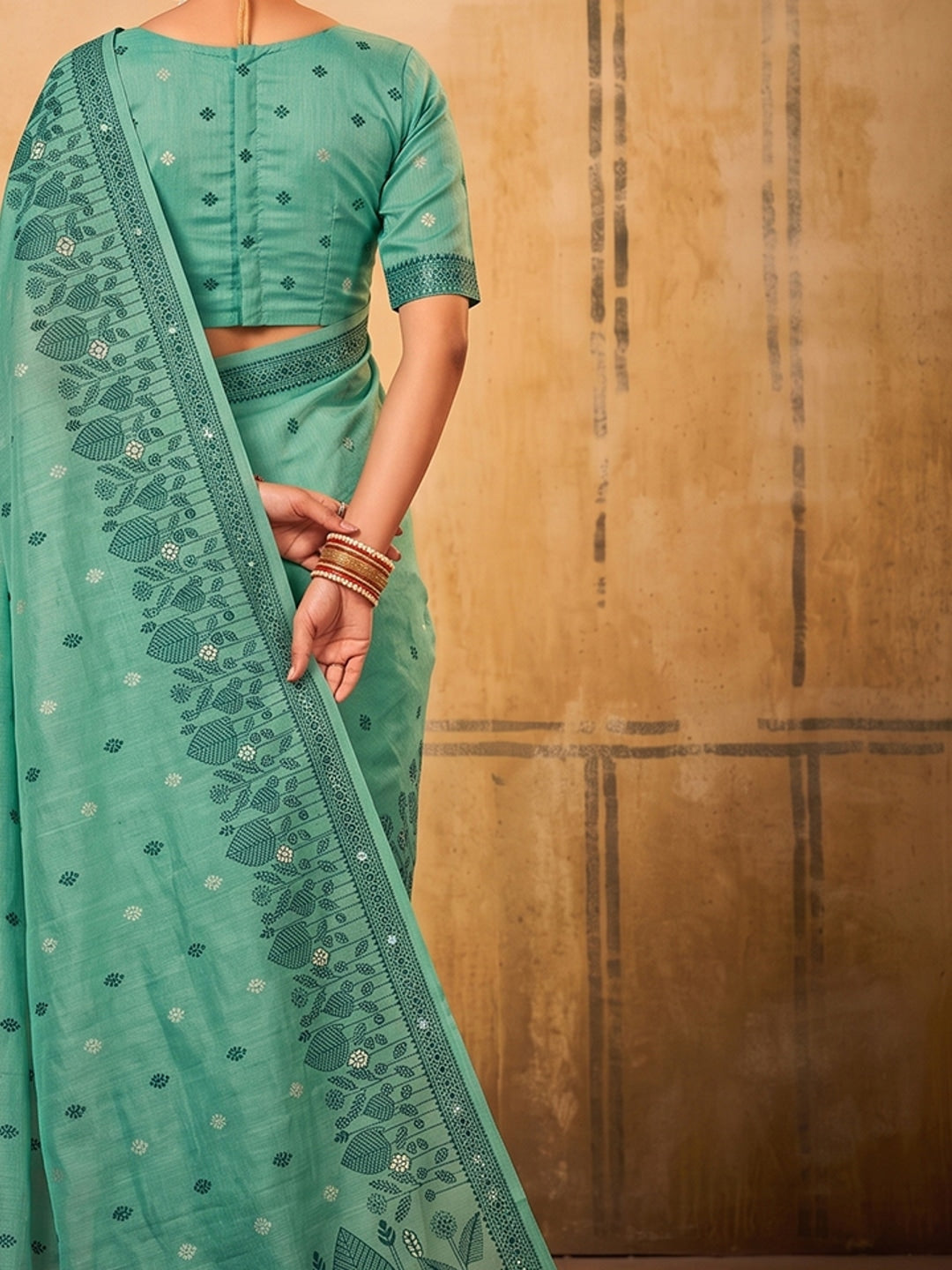 Peachmode Sea Green Cotton Woven Saree - Image 5