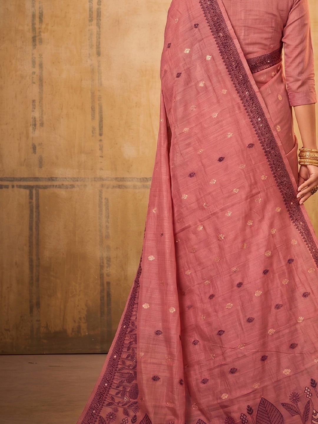 Peachmode Light Pink Cotton Woven Saree - Image 4