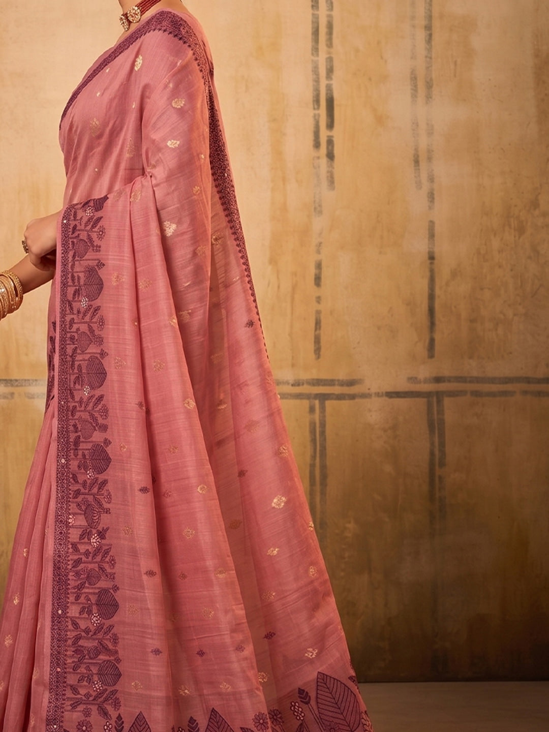 Peachmode Light Pink Cotton Woven Saree - Image 5