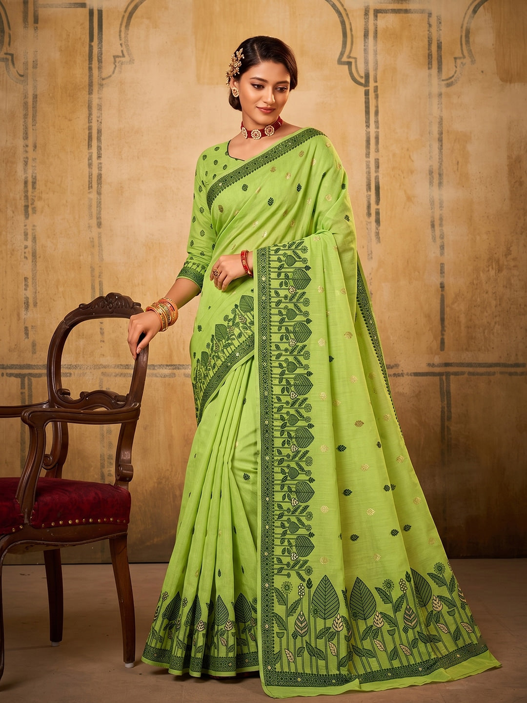 Peachmode Light Green Cotton Woven Saree - Image 1