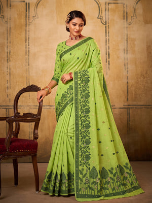 Peachmode Light Green Cotton Woven Saree - Image 1