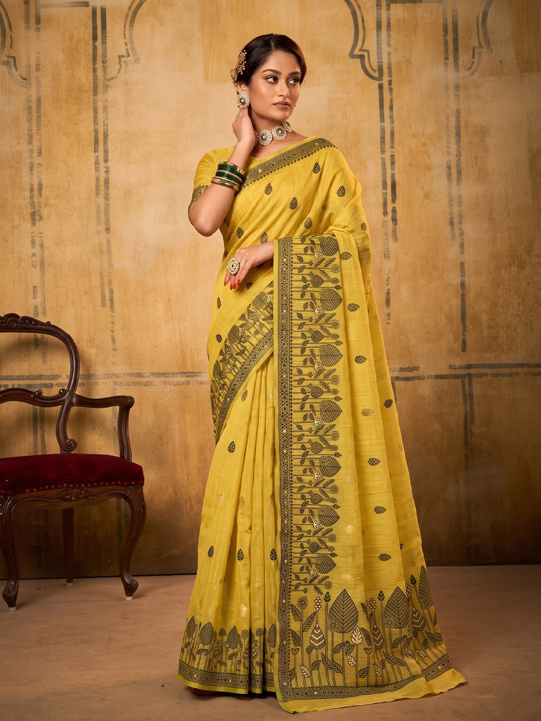 Peachmode Yellow Cotton Woven Saree - Image 1