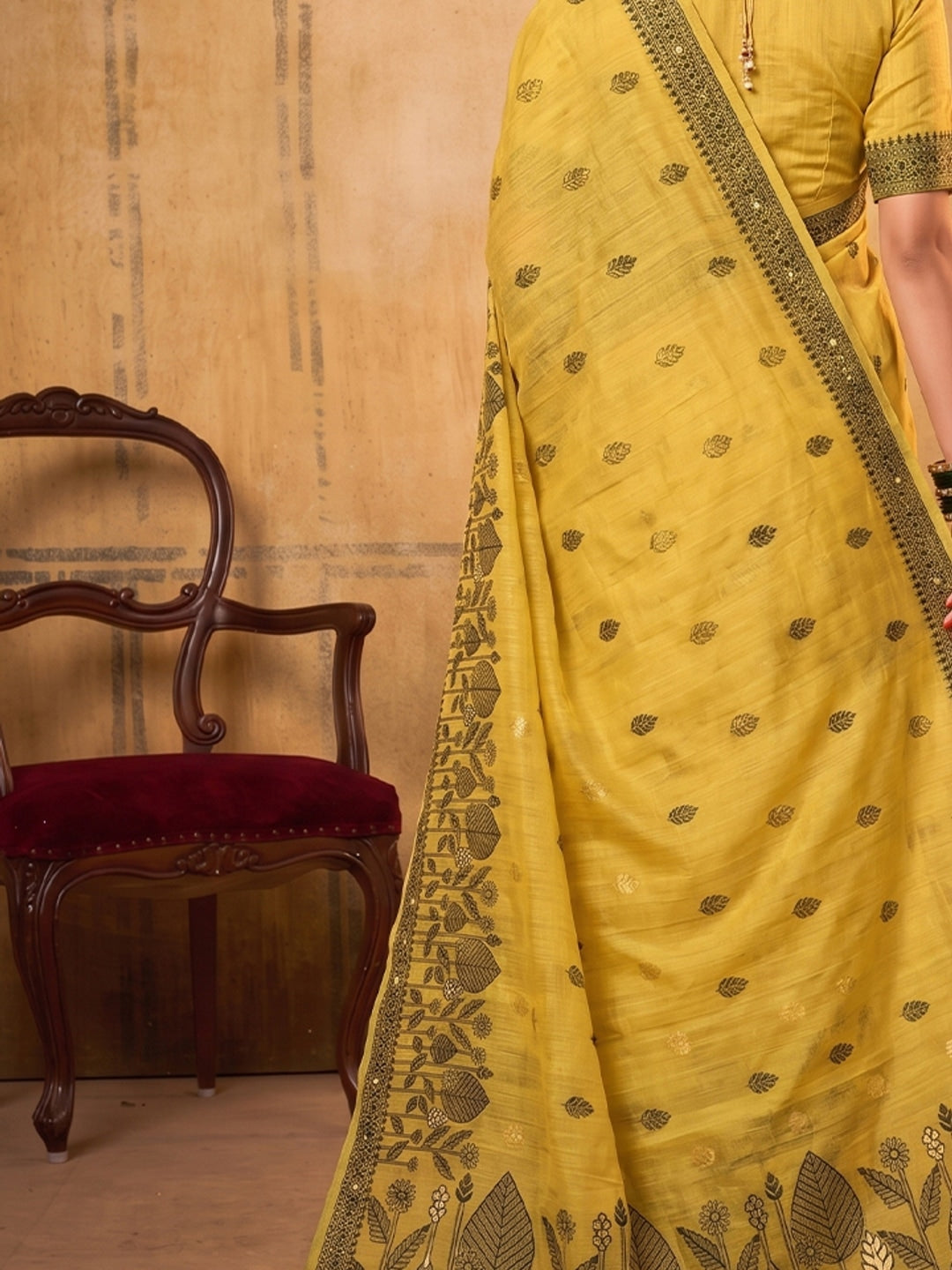Peachmode Yellow Cotton Woven Saree - Image 4