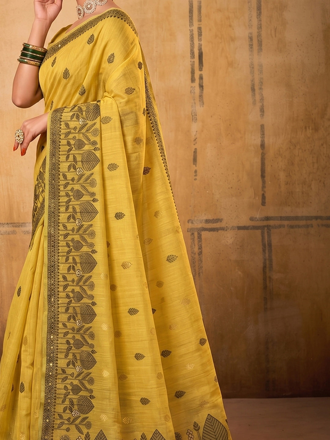 Peachmode Yellow Cotton Woven Saree - Image 5