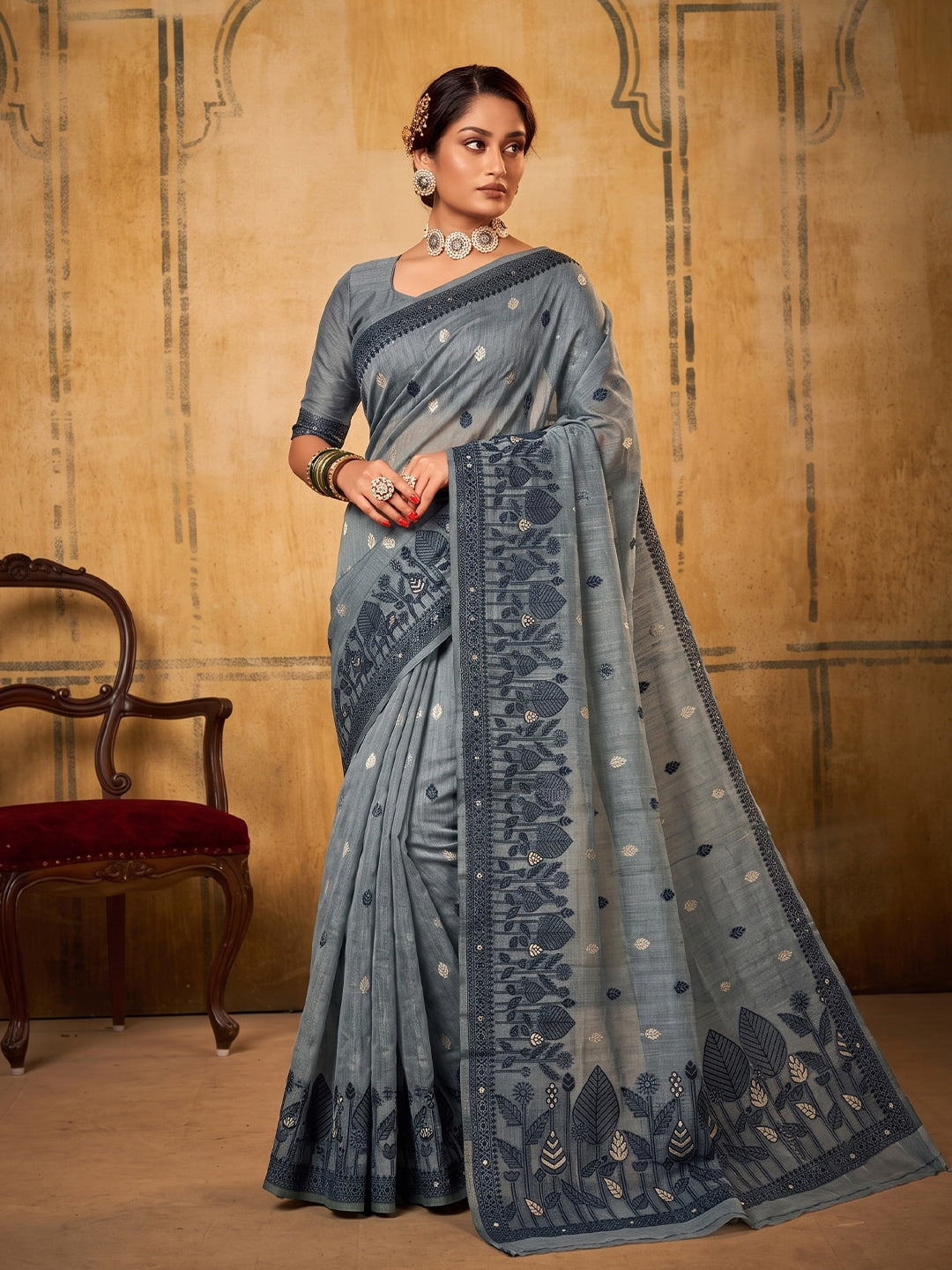 Peachmode Dark Gray Cotton Woven Saree - Image 1