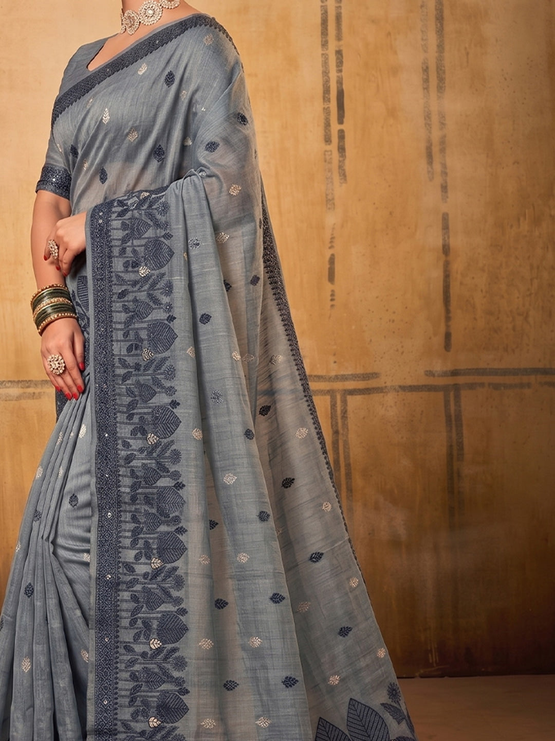 Peachmode Dark Gray Cotton Woven Saree - Image 5