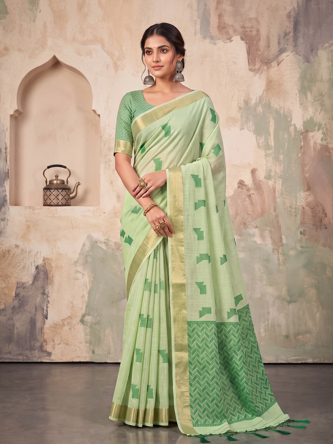 Peachmode Light Green Linen Woven Saree - Image 1