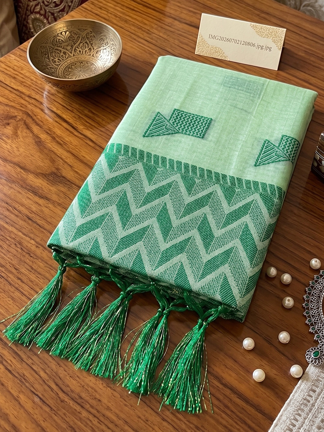Peachmode Light Green Linen Woven Saree - Image 4