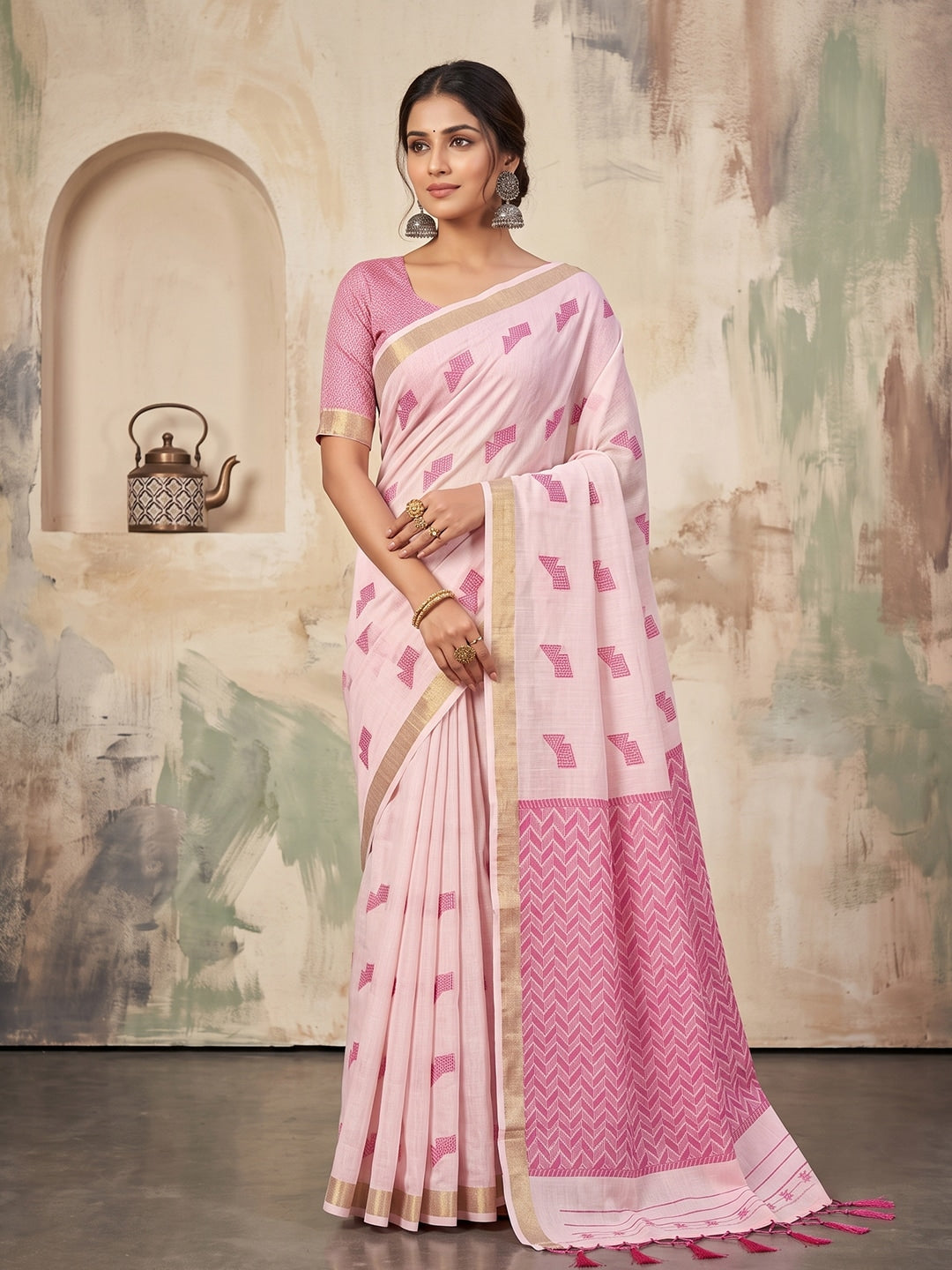 Peachmode Light Pink Linen Woven Saree - Image 1