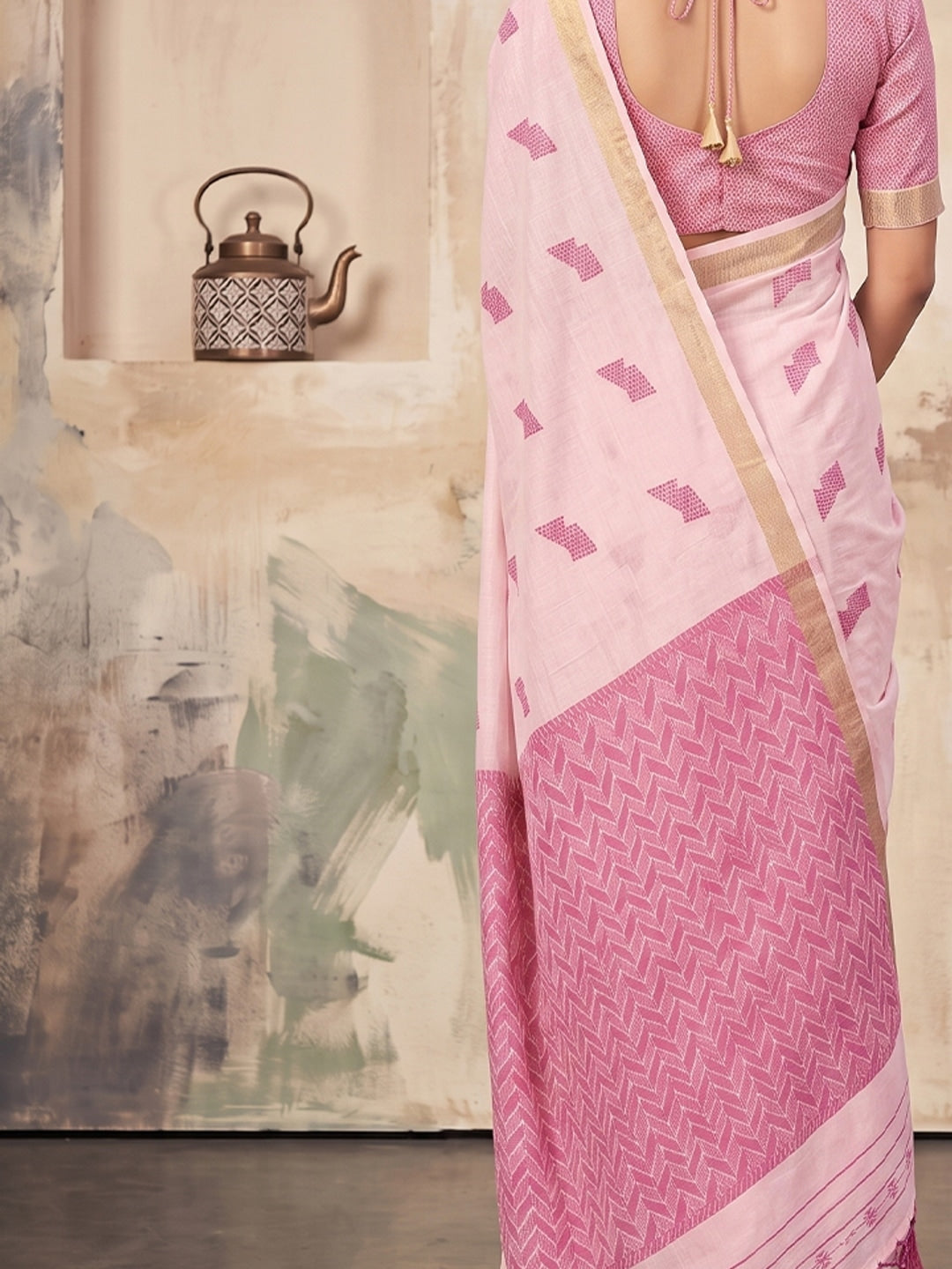 Peachmode Light Pink Linen Woven Saree - Image 5