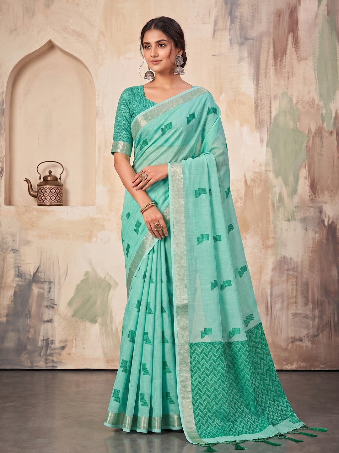 Peachmode Teal Green Linen Woven Saree - Image 1