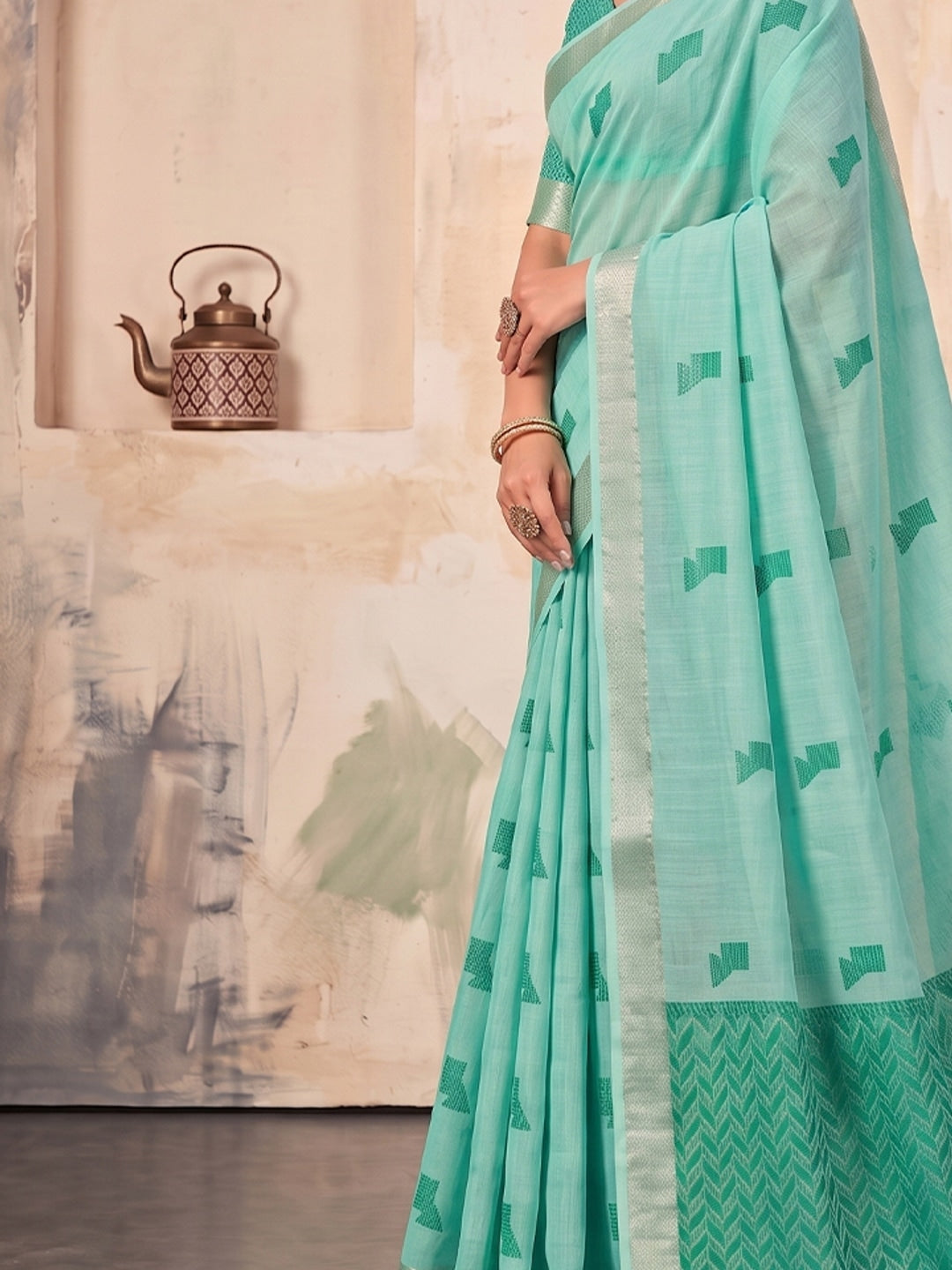 Peachmode Teal Green Linen Woven Saree - Image 5