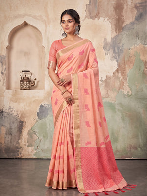Peachmode Peach Linen Woven Saree - Image 1