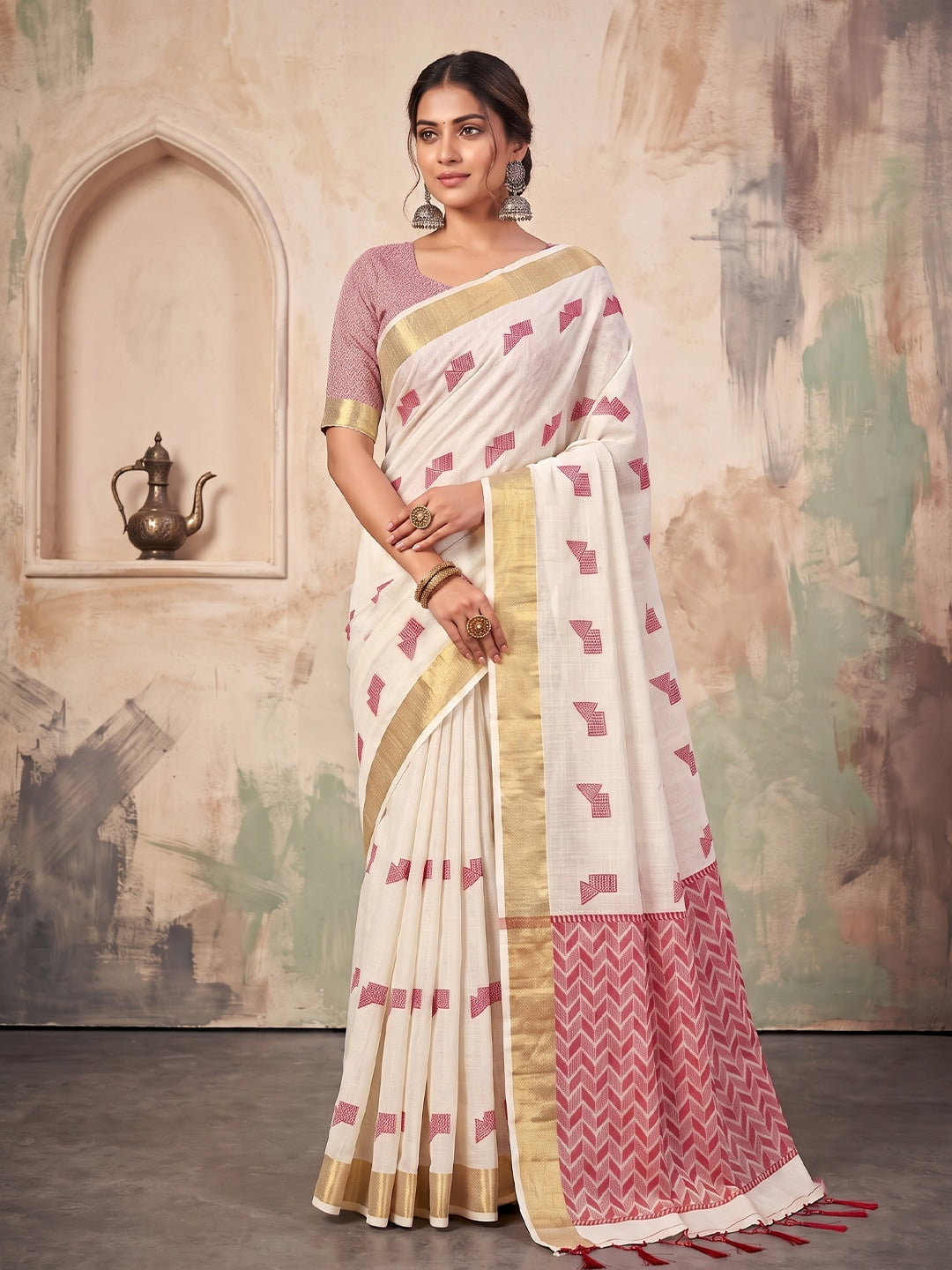 Peachmode White Linen Woven Saree - Image 1