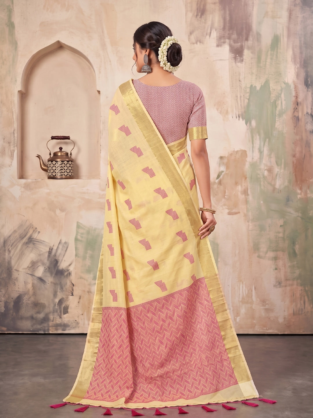Peachmode Light Yellow Linen Woven Saree - Image 2