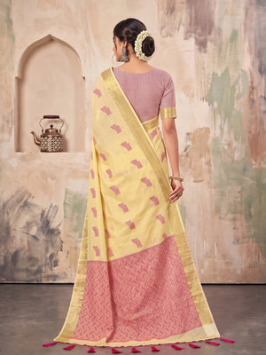 Peachmode Light Yellow Linen Woven Saree - Image 2