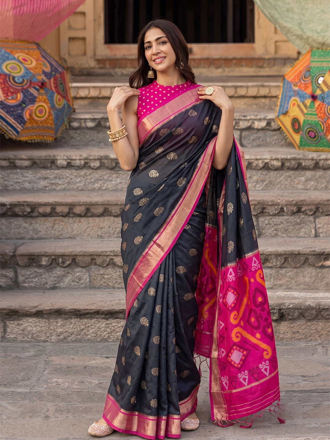 Peachmode Black Soft Silk Woven Saree - Image 1