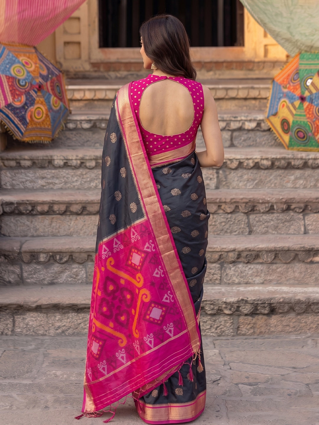 Peachmode Black Soft Silk Woven Saree - Image 3