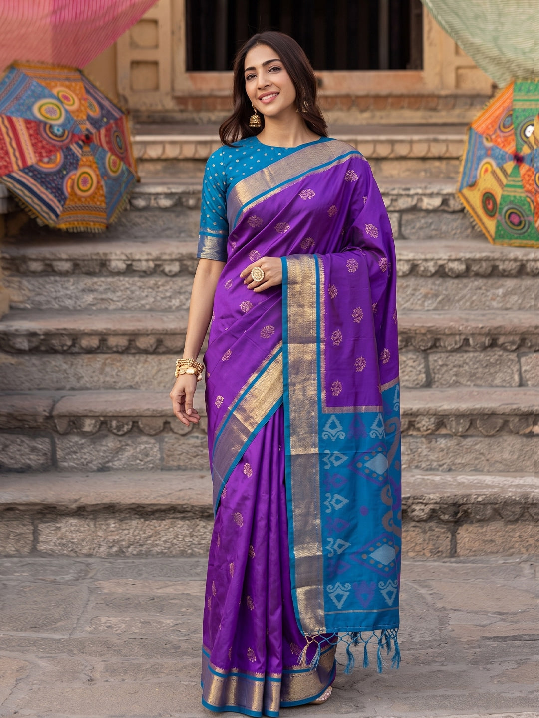 Peachmode Purple Soft Silk Woven Saree - Image 1
