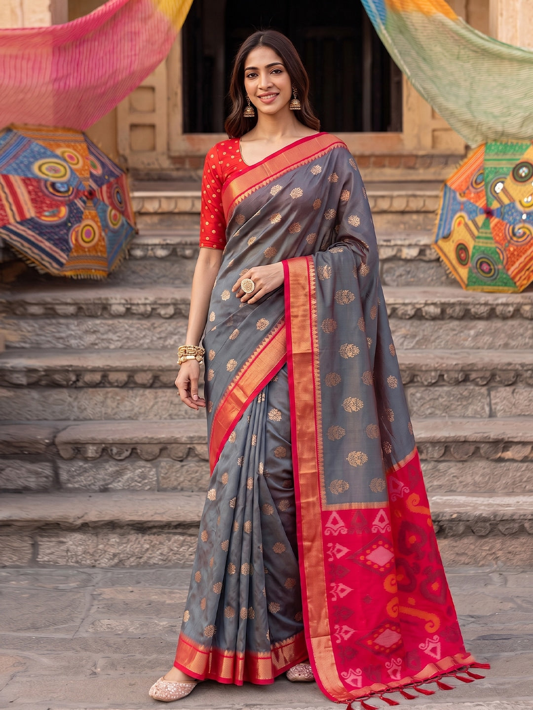 Peachmode Gray Soft Silk Woven Saree - Image 1