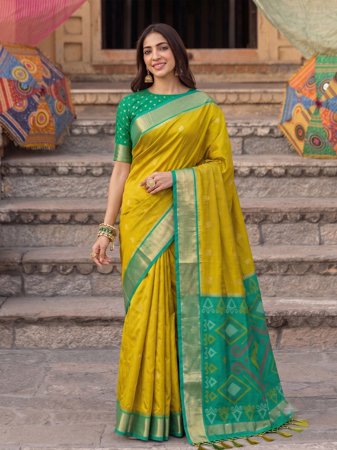 Peachmode Mustrd Yellow Soft Silk Woven Saree - Image 1
