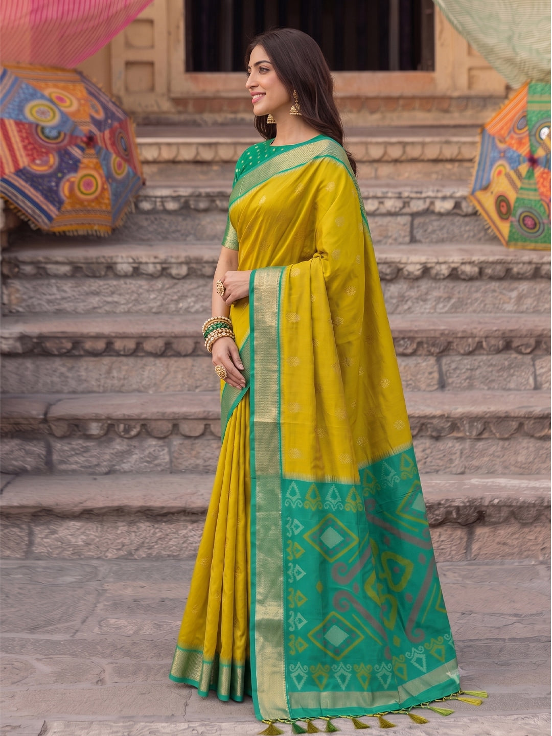 Peachmode Mustrd Yellow Soft Silk Woven Saree - Image 2