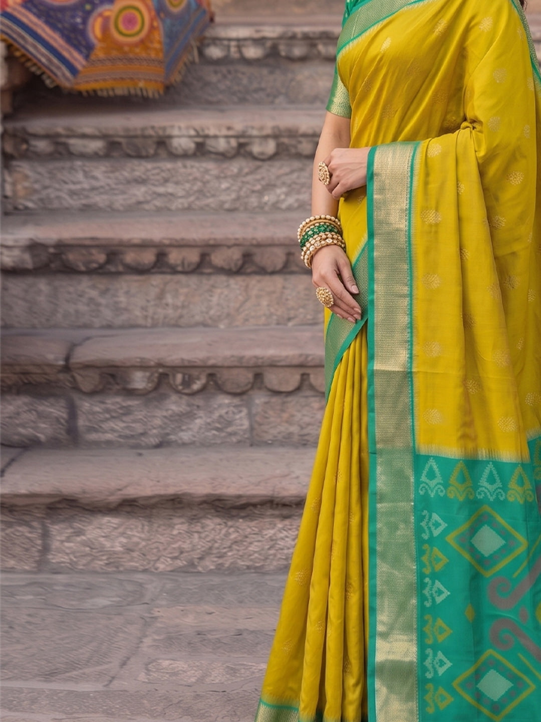 Peachmode Mustrd Yellow Soft Silk Woven Saree - Image 5