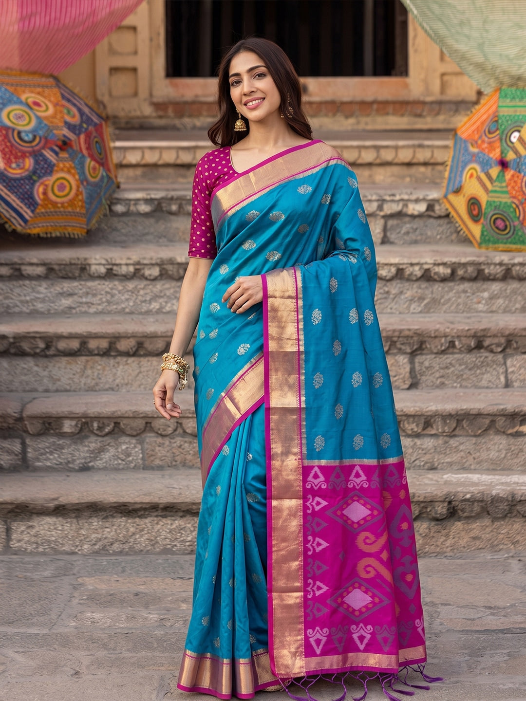 Peachmode Rama Blue Soft Silk Woven Saree - Image 1