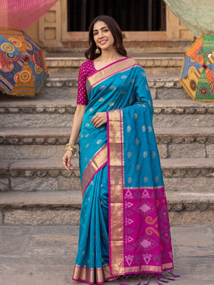 Peachmode Rama Blue Soft Silk Woven Saree - Image 1