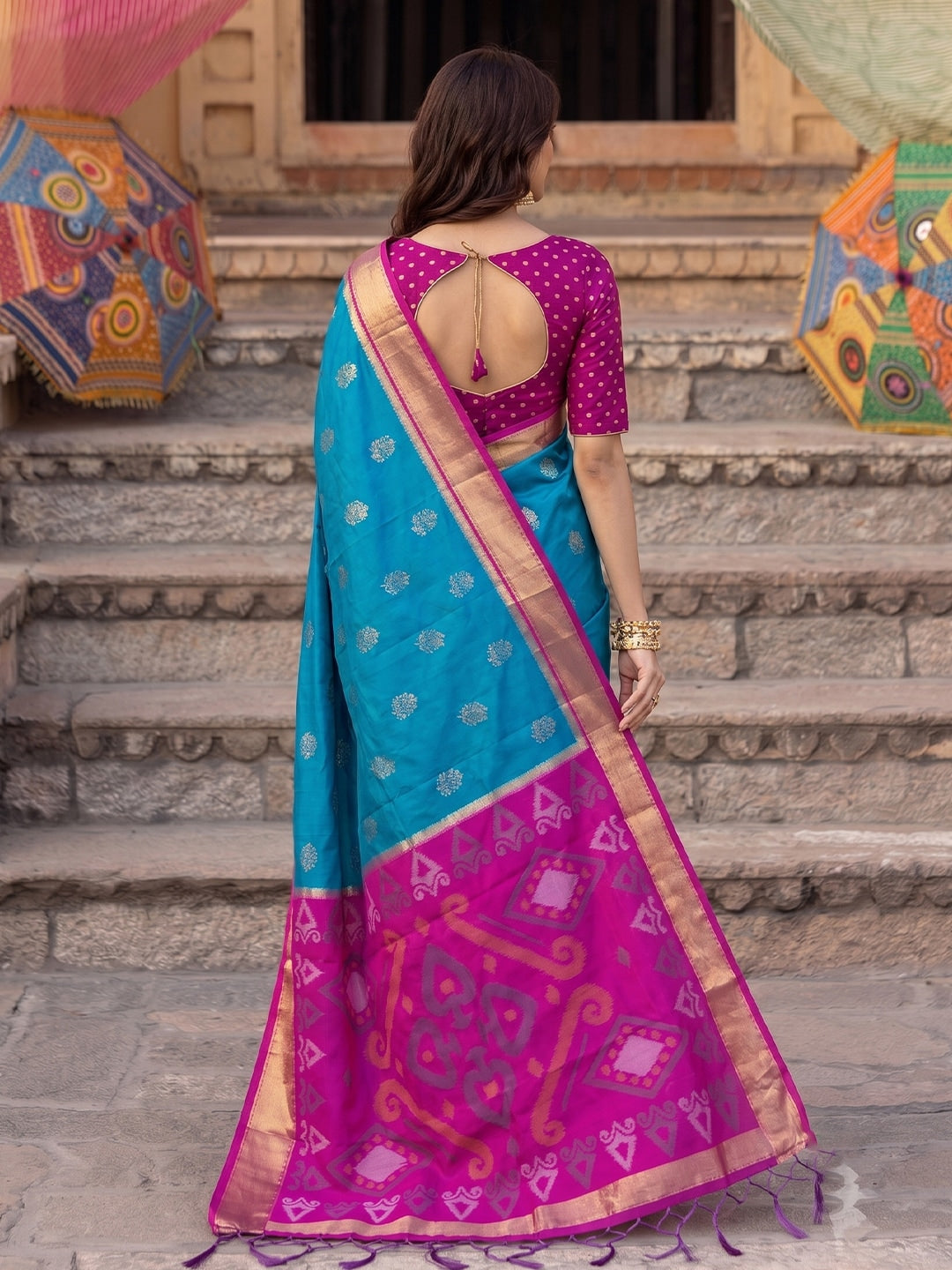 Peachmode Rama Blue Soft Silk Woven Saree - Image 3