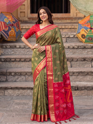 Peachmode Mehandi Soft Silk Woven Saree - Image 1