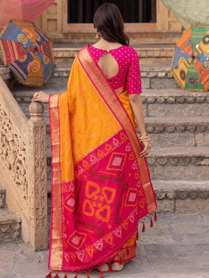 Peachmode Orange Yellow Soft Silk Woven Saree - Image 2